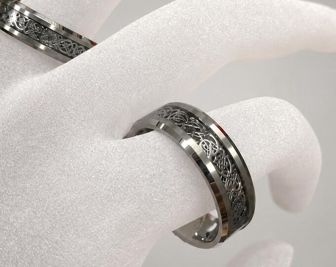 Black Carbon Fiber Inlay Engraved Wedding Band, Tungsten Celtic Dragon Ring Set, Fantasy Wedding Ring, Durable Comfort Fit Anniversary Band