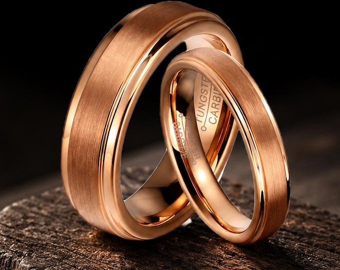 Rose Gold Step Edge Rings, Custom Engraved Couples Wedding Bands, Personalized His & Hers Tungsten Wedding Band Set, Matching Promise Rings