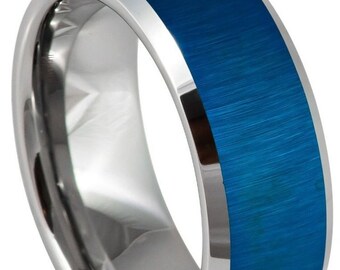 Free Personalized laser engraving Ring for Men and Women TheRingCrafter Blue Reflective Finish Beveled Edge Wedding Band Ring Ideal