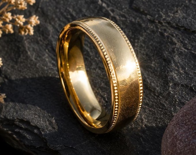 Domed Migraine Design Ring, Custom His & Hers Promise Ring, Anniversary Gift, Personalized Engraved 8mm Titanium Gold Plated Wedding Band