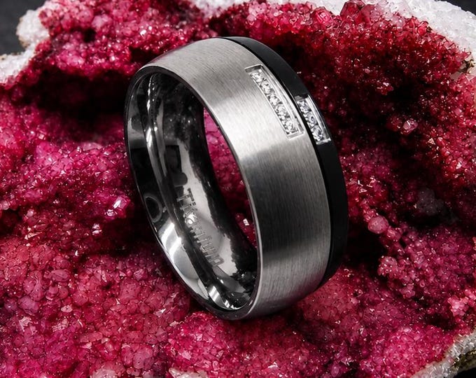 Black & Gunmetal Ring with CZ Stone, Personalized Promise Ring, Wedding Band Anniversary Gift, Custom Engraved Titanium Wedding Band