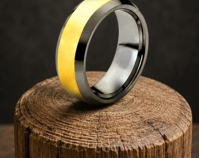 Beveled Edge Gold Center Ring, Engraved Tungsten Carbide Wedding Band, Custom Personalized Ring, Comfort Fit Anniversary Gift Promise Ring