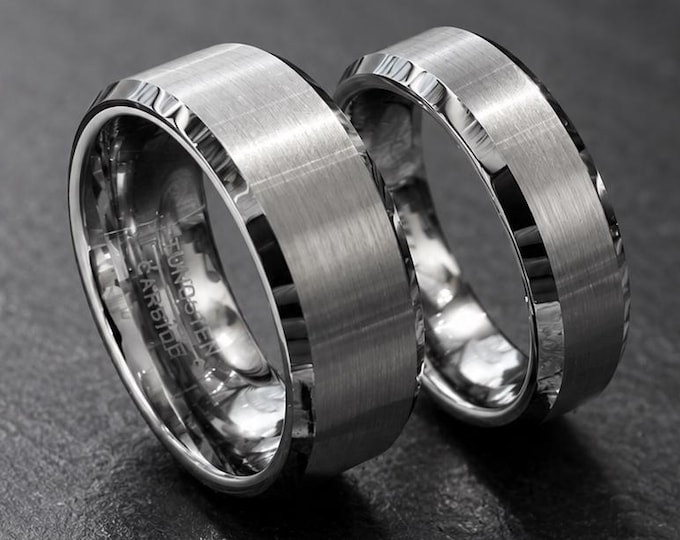 Brushed Beveled Edge Rings, Custom Engraved Promise Rings, Personalized Tungsten Wedding Bands for Couples, Durable Comfort Fit Matching Set