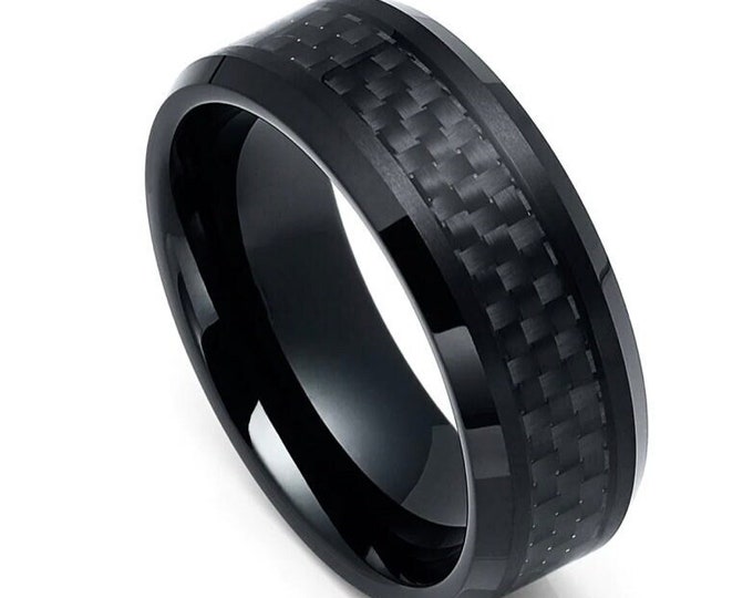 Tungsten Carbide Ring, Black Wedding Band, Custom Engraved Wedding Band, 8mm Modern Ring For Men, Inlay Wedding Band