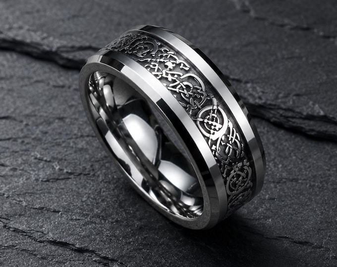Personalized Tungsten Celtic Ring, Black Carbon Fiber Inlay, Engraved Wedding Band, Custom Black Tungsten Ring