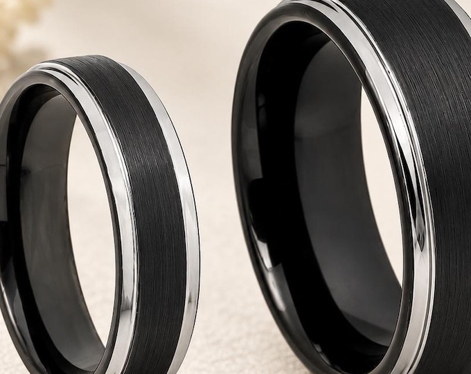Engraved Tungsten Carbide Wedding Band Set, Black & Silver Brushed Finish Rings, Personalized Matching Couple Bands, Durable Promise Jewelry