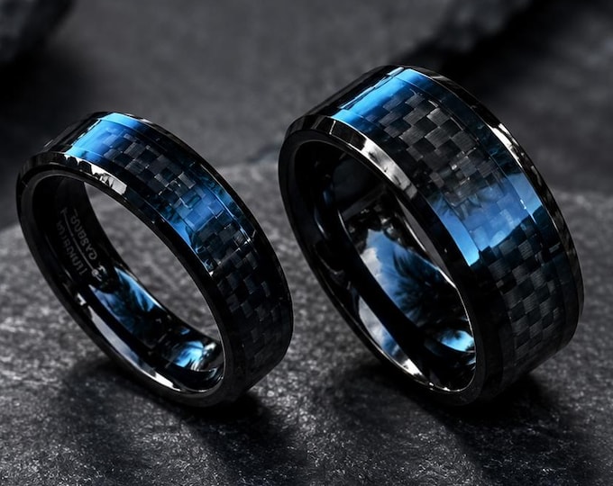 Black Carbon Fiber Inlay Rings, Custom Engraved Tungsten Carbide Wedding Band Ring Set, Personalized Wedding Bands, Comfort Fit Gift