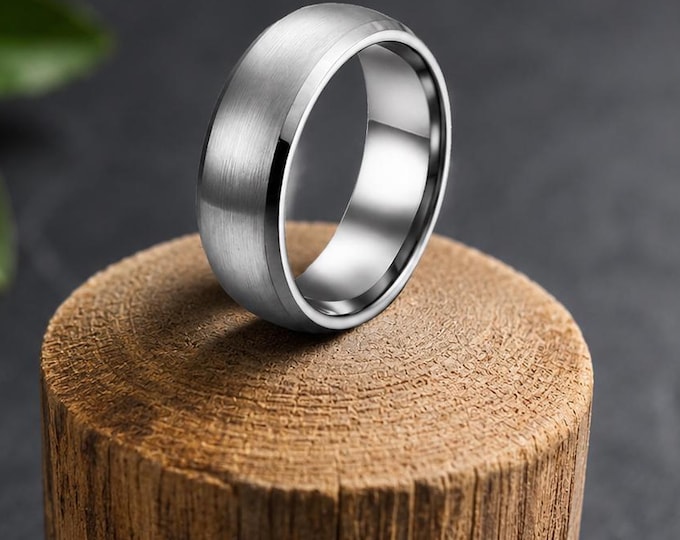 8mm Beveled Edge Brushed Center Unisex Ring, Personalized Tungsten Carbide Wedding Band, Custom Engraved Promise Ring for Anniversary Gift