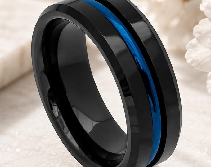 Custom Engraved Ring, Blue Groove Comfort Fit, Black Tungsten Wedding Band 8mm, Personalized Wedding Band, Anniversary Promise Ring