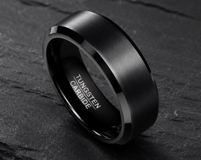 Custom Engraved Wedding Band, Personalized Matte Black Tungsten Carbide Ring, Comfort Fit Durable Anniversary Gift, Handmade Unique Jewelry