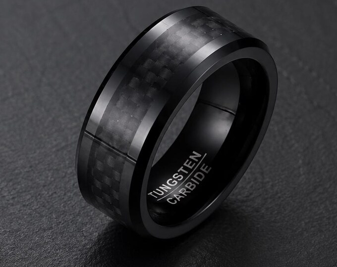 Personalized Black Tungsten Wedding Band, 8mm Carbon Fiber Inlay Ring, Custom Engraved Promise Ring, Unique Anniversary Modern Couple Ring