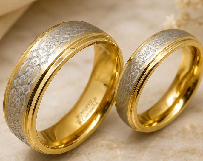 Gold Tungsten Bands, Custom Engraved Ceramic Wedding Rings, Personalized Celtic Wedding Ring Set, His and Hers Matching Bands for Couples
