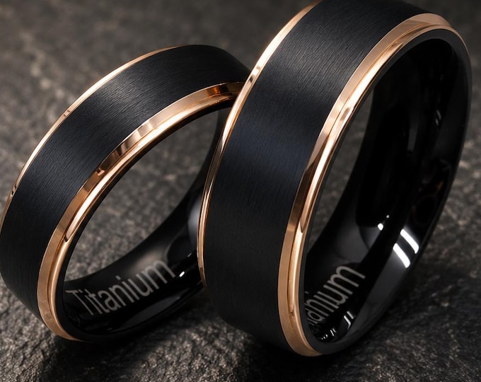 8mm 6mm Comfort Fit, Titanium Wedding Band Set for Couples, His & Hers Black Brushed Rose Gold Plated Rings, Personalized Engagement Band