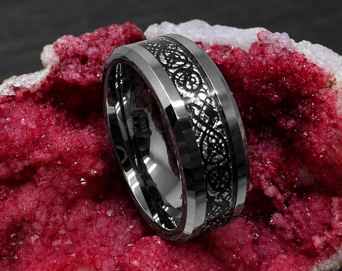Engraved Tungsten Carbide Men's Ring, Black Celtic Dragon Wedding Band with Meteorite Inlay, Unique Gothic Anniversary Gift for Unisex