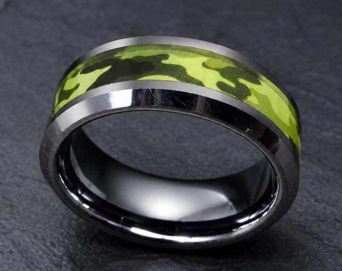 Engraved Military Ring, Camouflage Comfort Fit Ring, Green Camo Tungsten Wedding Band, Durable Carbide Wedding Band, Personalized Gift