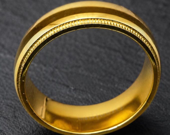 Millgrain Edge Wedding Band, Custom Engraved Promise Ring, Comfort Fit Anniversary Gift, Personalized Gold-Plated Titanium Koa Wood Ring