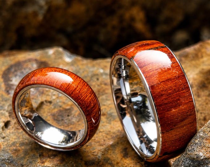 8mm & 6mm Comfort Fit Ring, Custom Engraved Promise Ring Dainty Gift, Personalized Titanium Wedding Band with Cherry Brown Koa Wood Inlay