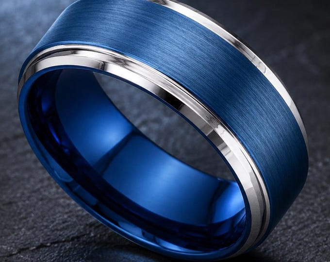 Custom Engraved Wedding Band, Brushed Finish Step Edge Ring, Comfort Fit Promise Ring, Personalized Electric Blue Tungsten Ring 9mm