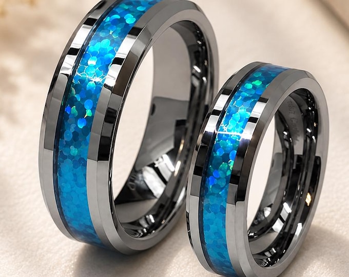 Custom Engraved Matching Couple Bands, Tungsten Wedding Bands with Hawaiian Blue Koa Wood Inlay, Beveled Edge Rings, Unique Rustic Jewelry