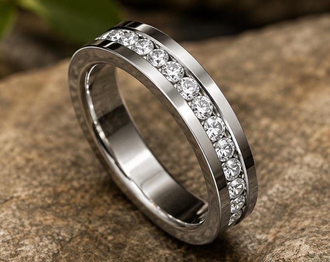 Custom Engraved Gold & White IP Plated 3mm Wedding Band with CZ, Minimalist Promise Anniversary Ring, Personalized Titanium Eternity Ring,