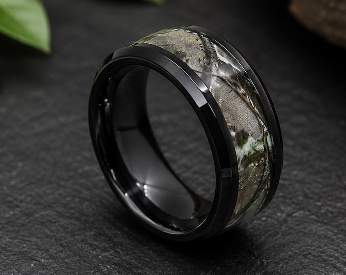 Labradorite Moonstone Black Ceramic Camo Ring, 8mm Forest Hunter Inlay Band, Deep Space Muonionalusta Meteorite Ring, Engraved Wedding Band
