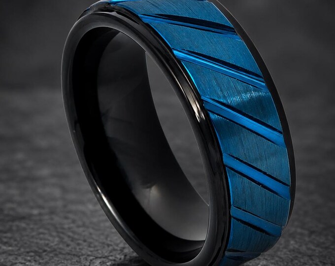 Comfort Fit Custom Wedding Ring Anniversary Gift, Engraved Blue Tungsten Ring, Brushed Black Two-Tone Wedding Band, Durable Band Jewelry
