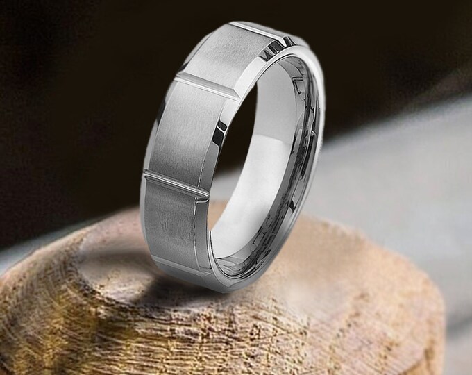 Brushed Tungsten Carbide Wedding Band, Grooved Beveled Edge Ring, Custom Personalized Engraving Band, Matte Comfort Fit Anniversary Ring