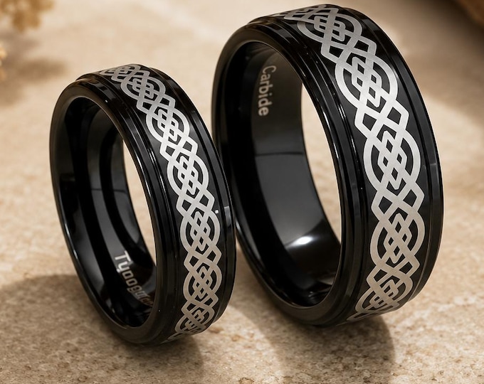 Personalized Engraved Rings for Couples, Celtic Black Tungsten Wedding Band Set, His & Hers Matching Rings, Unique Love Knot Jewelry