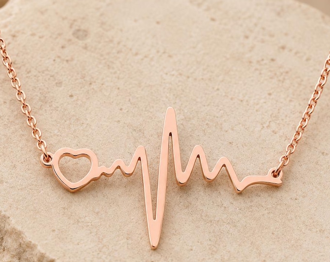 Custom Engraved Stainless Steel Pendant, Name Necklace Heartbeat Jewelry, Anniversary Gift, Personalized Rose Gold Heartbeat Necklace