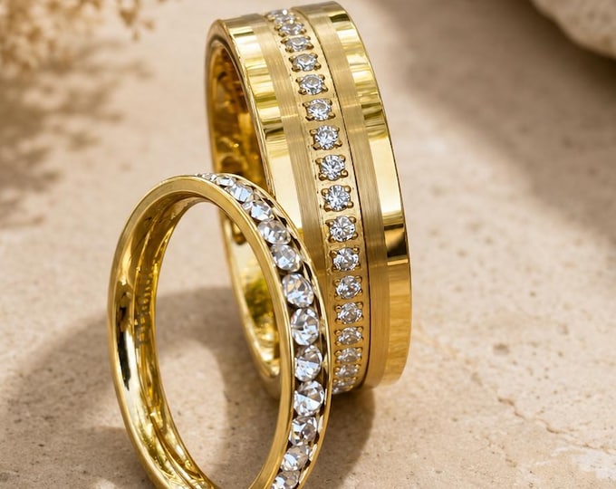 Titanium CZ Ring, Luxury Matching Couple Rings, Custom Personalized Gold Tungsten Eternity Wedding Band for Men & Women,  Anniversary Gift