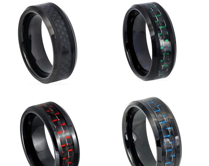 Custom Engraving - 8mm Black Tungsten to Choose Black, Blue , Greed or Red  Carbon Fiber Inlay Wedding Band Ring for Men Or Women