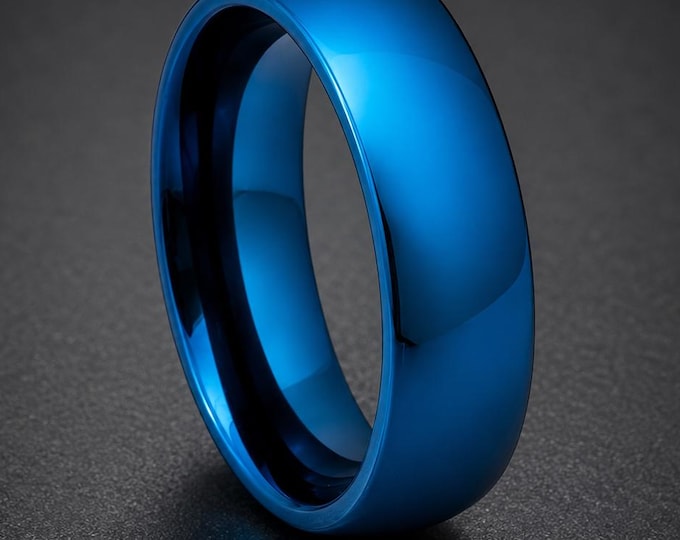 Personalized Blue Shiny Couple Rings, Matching Unique Gift, Custom Engraved Tungsten Carbide Wedding Band, Promise Jewelry for Lovers