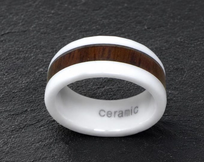 8mm Ceramic Inlaid Koa Wood Wedding Ring, Faceted White Ceramic Men's Ring, Wood Inlay Domed White Ceramic Wedding Band, Koa Wood Inlay Band