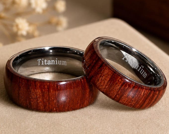 Custom Engraved Titanium Ring Set, Koa Wood Inlay Wedding Bands, Personalized His and Hers Rings, Matching Couples Bands, Comfort Fit Gift
