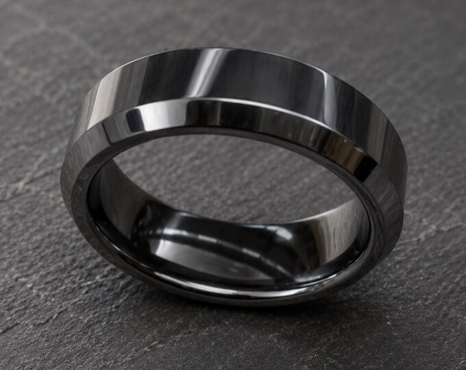 Polished Tungsten Carbide Wedding Band with Beveled Edge, Custom Engraved Ring for Him & Her, Durable Comfort Fit Anniversary Promise Band