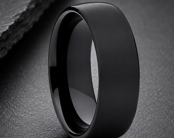 Custom Engraved Domed Ring, Personalized Black Tungsten Wedding Band, Unisex Comfort Fit Wedding Ring, Promise Ring Gift for Couples