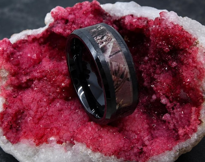 Meteorite Tungsten Carbide Ring, Beveled Wedding Band, Black Tungsten Meteorite Inlay Wedding Band (8mm), Ruby Sapphire Mens Tungsten Ring