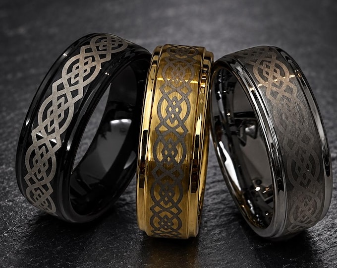 Celtic Knot Ring, Personalized Statement Ring, Custom Engraved Tungsten Carbide Wedding Band, Comfort Fit Wedding Band Anniversary Gift