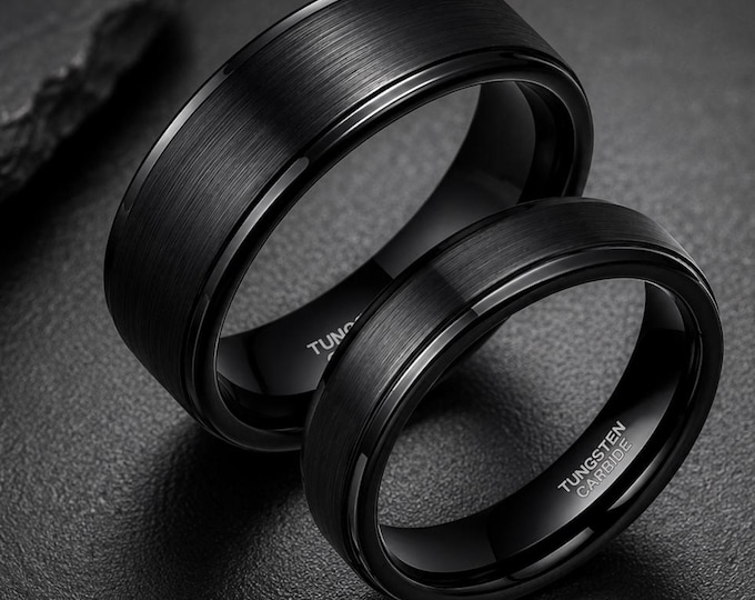 8mm & 6mm Pipe Cut Matching Bands, Personalized Black Tungsten Wedding Ring Set, Custom Engraved Couple Rings, Modern Wedding Bands