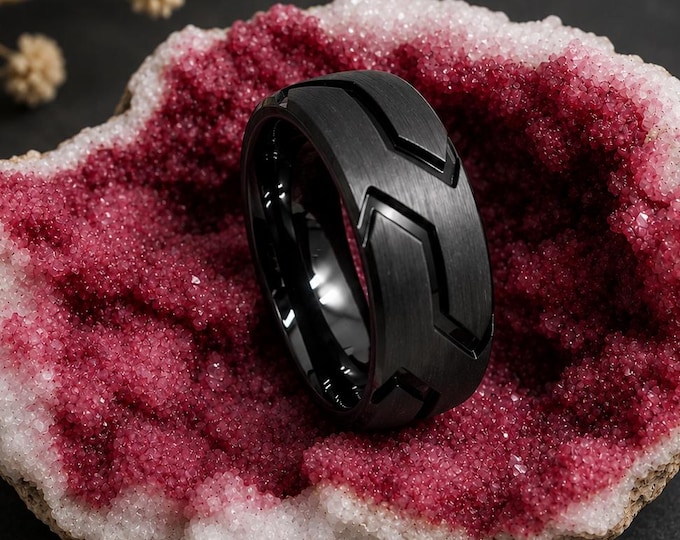Personalized Men's Ring, Comfort Fit Anniversary Band, Unique Groom Promise Ring, Custom Engraved Black Titanium Tire Groove Wedding Band