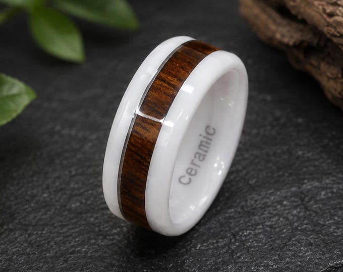 Faceted White Ceramic Ring, Koa High Tech Ceramic Ring, 8mm Hawaiian Koa Wood Inlay Band, Comfort Fitment Tungsten Wedding Band