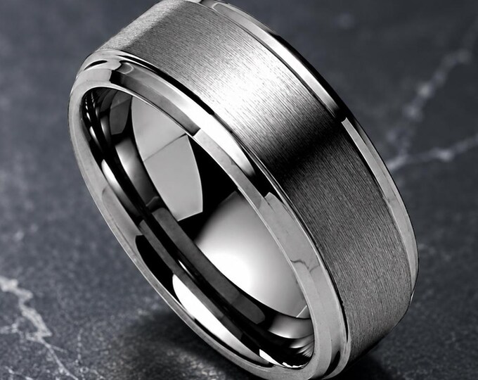 8mm & 6mm Brushed Step Edge Rings, Matching Wedding Ring Set, Tungsten Wedding Bands Set, Custom Engraved Couples Anniversary Gift