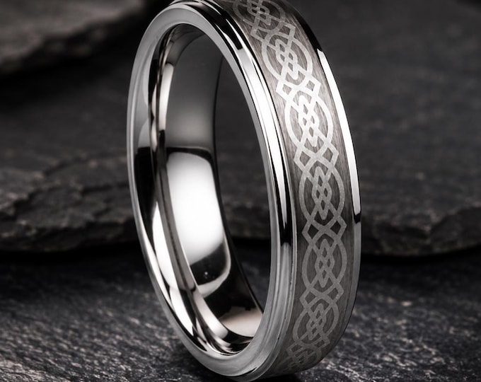 Loyal Step Edge Ring, Personalized His & Hers Promise Ring, Custom Engraved Tungsten Celtic Knot Wedding Band, Comfort Fit Anniversary Gift
