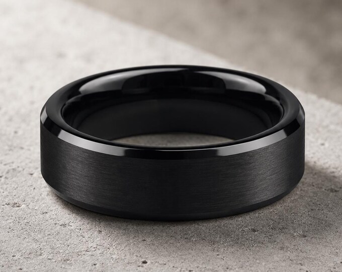 6mm Beveled Brushed Wedding Band, Custom Black Tungsten Ring, Personalized Matte Finish Ring, Durable Comfort Fit Anniversary Ring