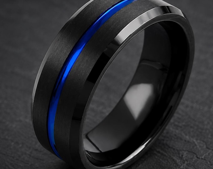 Custom Engraved Black Tungsten Carbide Ring, Police Blue Line Wedding Band, Black Tungsten Dainty Wedding Bands Set for Couple