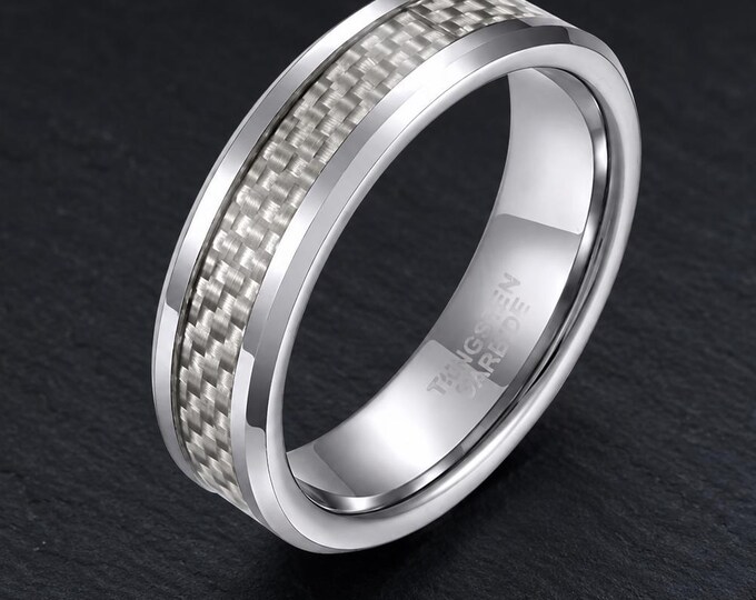 Custom Engraved 6mm Wedding Band, Silver Gray Carbon Fiber Inlay Tungsten Ring, Personalized Matte Finish Comfort Fit Durable Jewelry