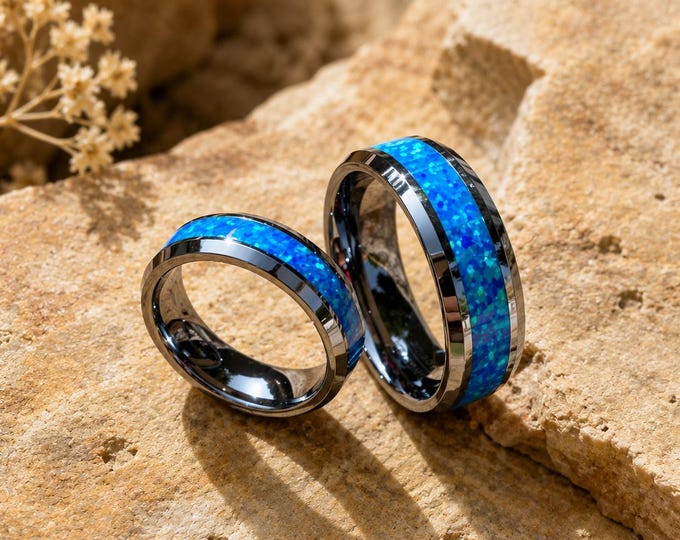 Hawaiian Blue Fiber Inlay Wedding Ring Set, 8mm & 6mm Beveled Edge Couple Bands, Matching Tungsten Carbide His and Hers Anniversary Rings