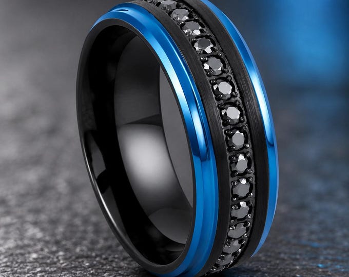 Bold 8mm Tungsten Wedding Band, Blue Step Edge Ring, Black IP Plated Eternity CZ Band, Custom Engraved Unisex Wedding Ring, Anniversary Gift
