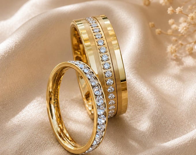 Custom Personalized Gold Tungsten Eternity Ring, Titanium CZ Wedding Band, Engraved Promise & Anniversary Ring, Luxury Fit Bridal Ring