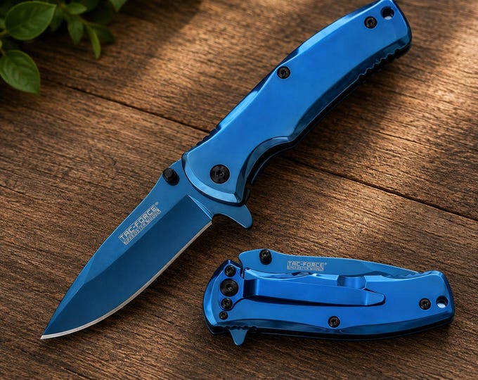 Custom Engraved Tac-Force Knife, Spring-Assisted Blue Pocket Knife, Personalized Folding Knife, Laser Engraving Gift, EDC Camping Tool